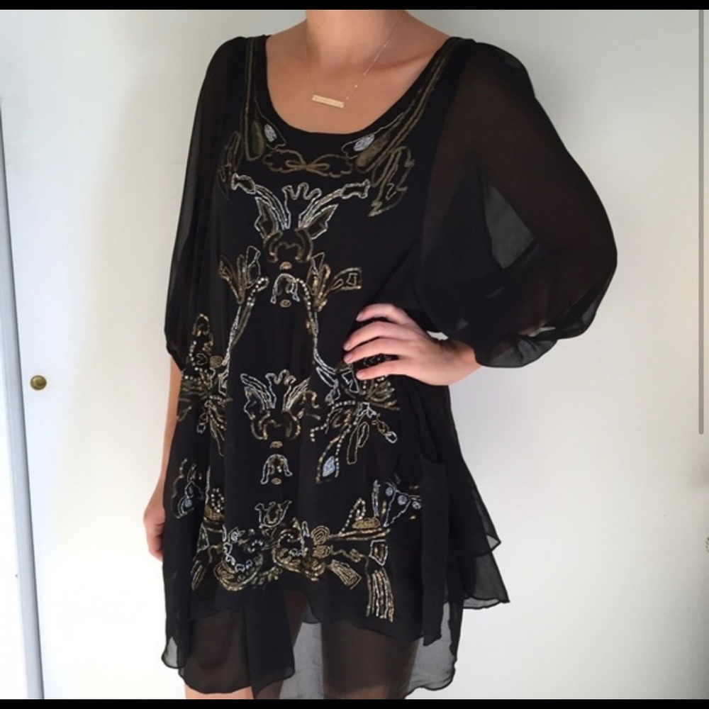 Black Chiffon Millau Dress with Sequin Pattern and Pockets